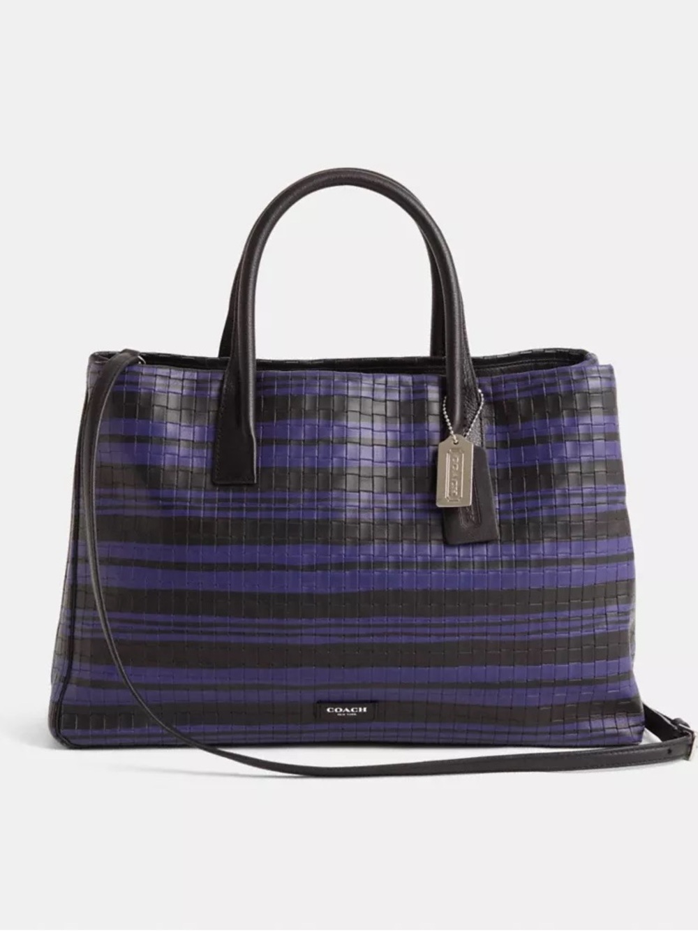 Coach Black and Purple Plaid Leather Tote